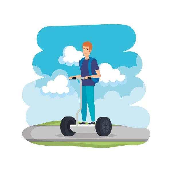 Young man in folding e-scooter on road — Stock Vector