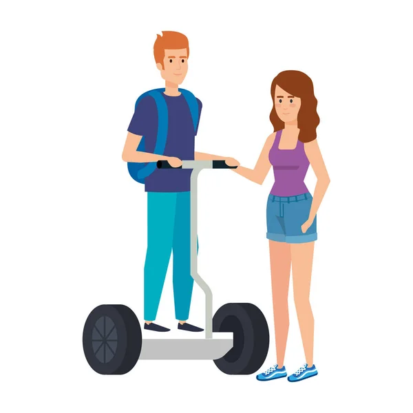 E-scooter katlama içinde genç Çift — Stok Vektör