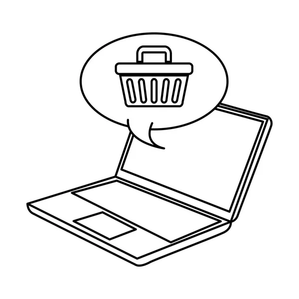 Laptop med pratbubblan och korg shopping — Stock vektor