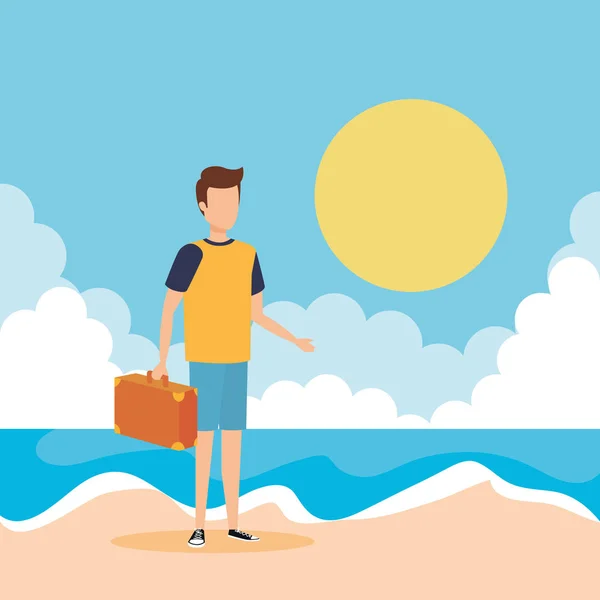 Young man with suitcase on the beach — Stock Vector