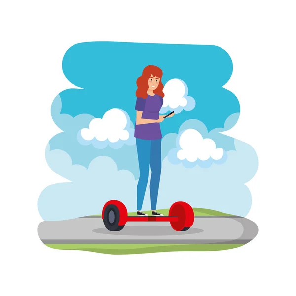 Young woman in folding e-scooter on road — Stock Vector