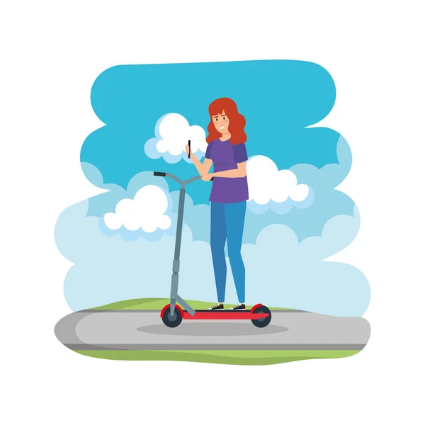 Молодая женщина в складной скутер на дороге — стоковый вектор