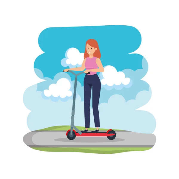 Jovem mulher em scooter dobrável na estrada — Vetor de Stock