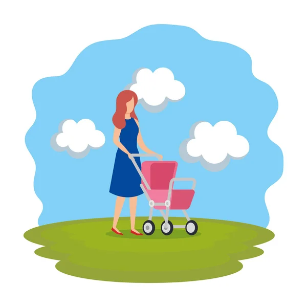 Mother with cart baby character — Stock Vector