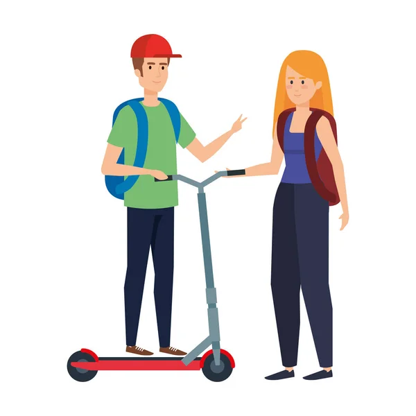 Jeune couple en scooter pliant — Image vectorielle
