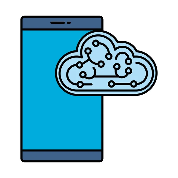 Servidor de computación en nube con circuito y smartphone — Vector de stock