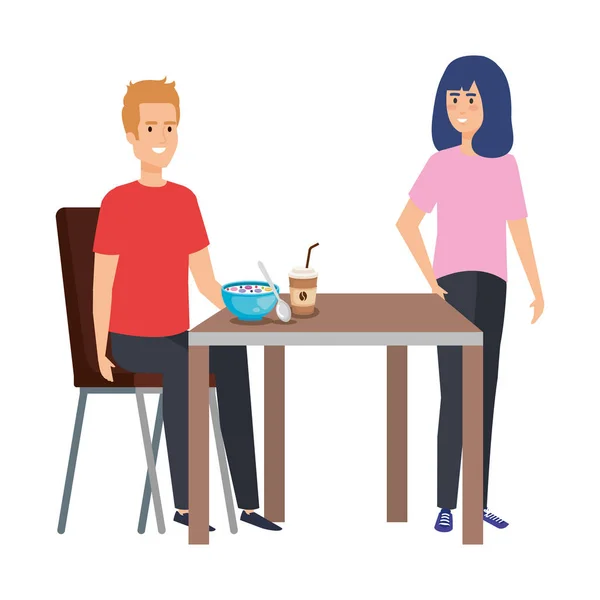 Jeune couple manger dans des personnages de table — Image vectorielle