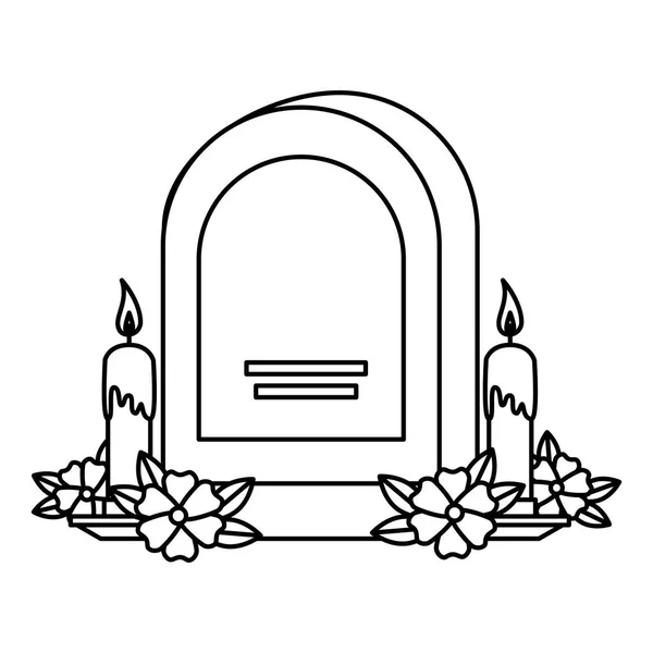 Grafsteen met bloemen en kaarsen — Stockvector