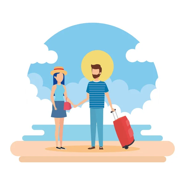 Νεαρό ζευγάρι με βαλίτσα στην παραλία — Διανυσματικό Αρχείο