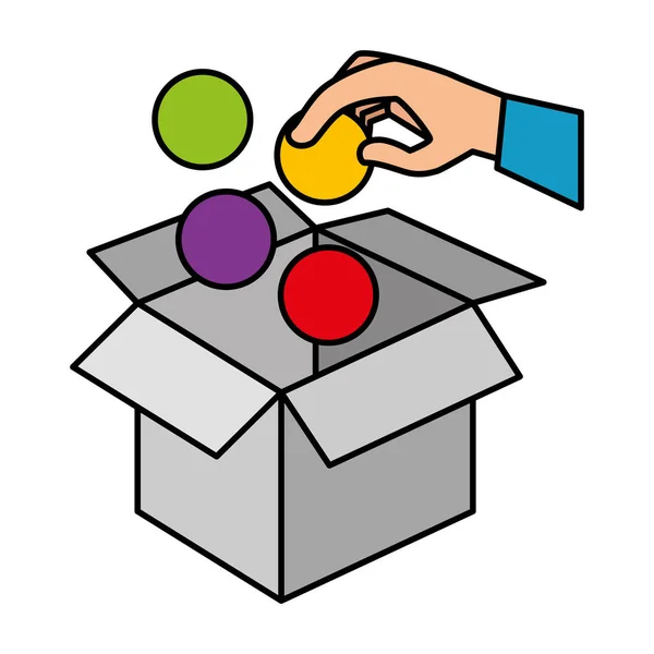 Bola de inserción de mano en caja de cartón — Vector de stock