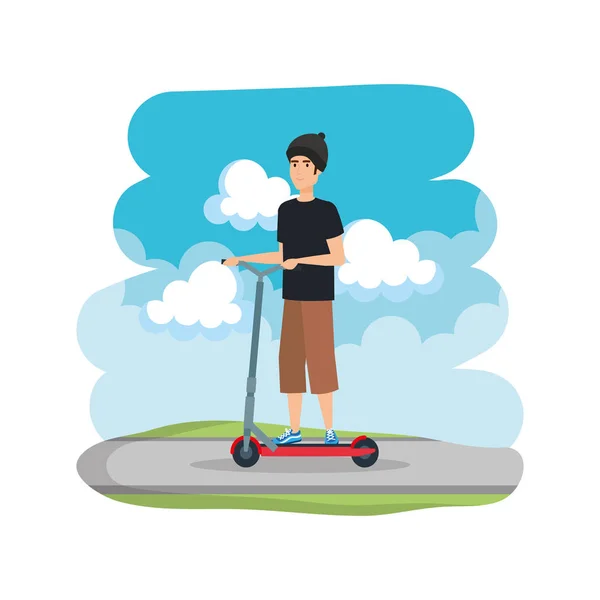 Young man in folding scooter on road — Stock Vector