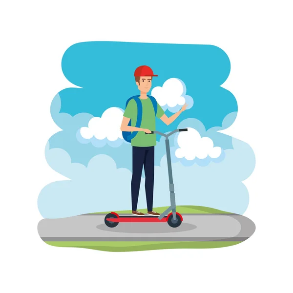 Jeune homme en scooter pliant sur la route — Image vectorielle