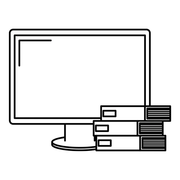 Visualizzazione computer con pile book — Vettoriale Stock