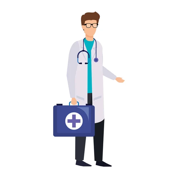 Médico con estetoscopio y kit médico — Vector de stock