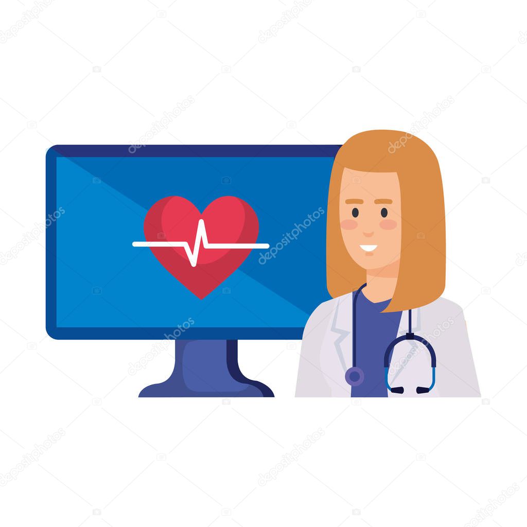 female doctor with desktop and heart cardio telemedicine service