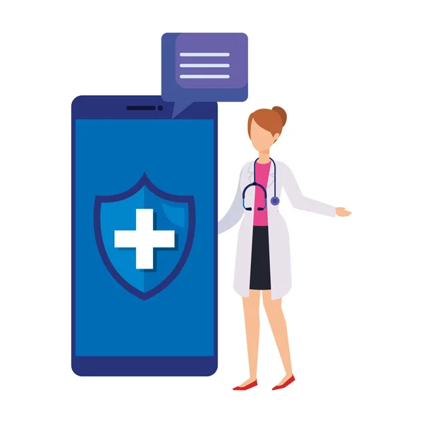 Vrouwelijke arts met smartphone en spraak Bubble — Stockvector