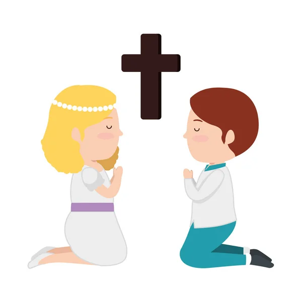 Little kids kneeling with cross first communion — Stock Vector