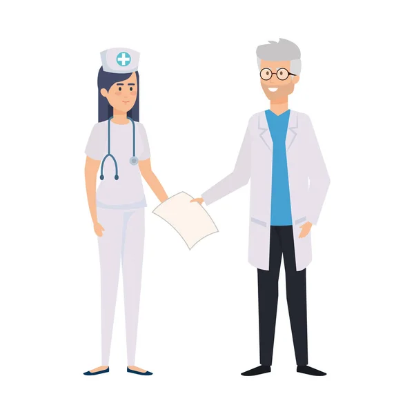 Couple of professionals doctor and nurse characters — Stock Vector