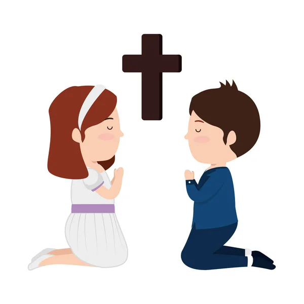 Petits enfants agenouillés avec croix première communion — Image vectorielle