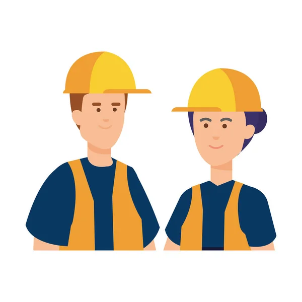 Couple builders workers with helmets — Stock Vector