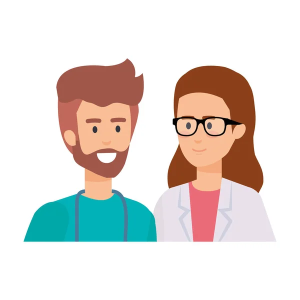 Pareja de profesionales médicos y cirujanos personajes — Vector de stock