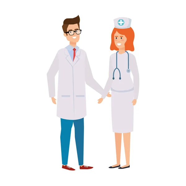 Couple de professionnels médecin et infirmière personnages — Image vectorielle