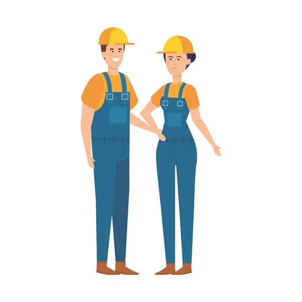 Пара будівельників робітників з шоломами — стоковий вектор