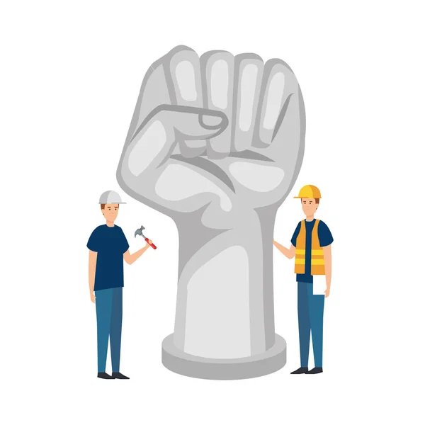 Bouwers werknemers met helmen en hand Fist — Stockvector