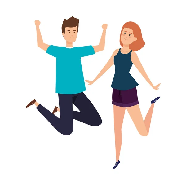 Pareja joven celebrando personajes de avatares — Vector de stock