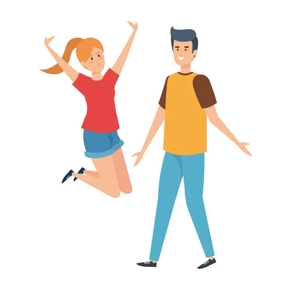 Pareja joven celebrando personajes de avatares — Vector de stock