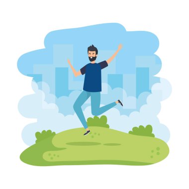 sakallı genç adam parkta kutluyor