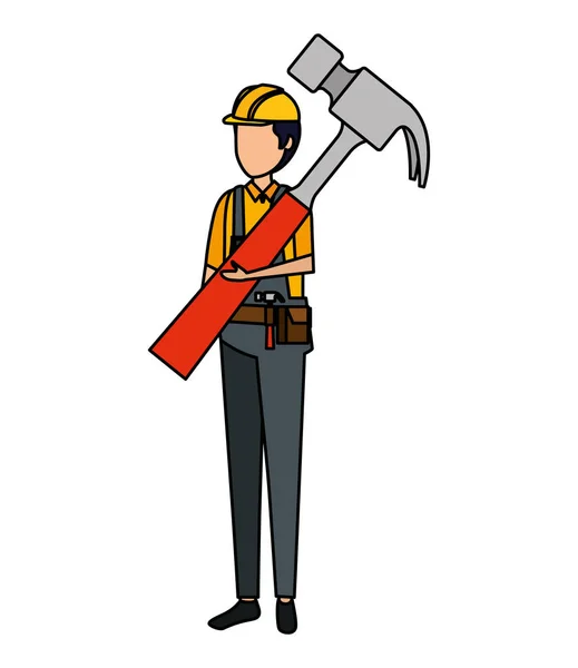 Trabalhador construtor com capacete e martelo —  Vetores de Stock
