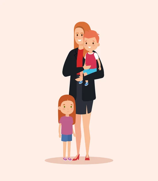 Donna carina portando il figlio e la figlia — Vettoriale Stock