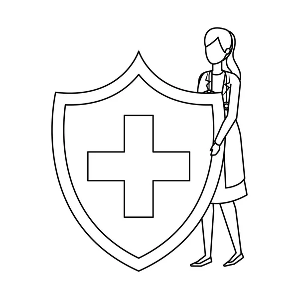 Médico feminino com estetoscópio e escudo médico — Vetor de Stock