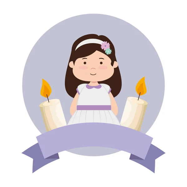 Little girl with ribbon and candles first communion — Stock Vector