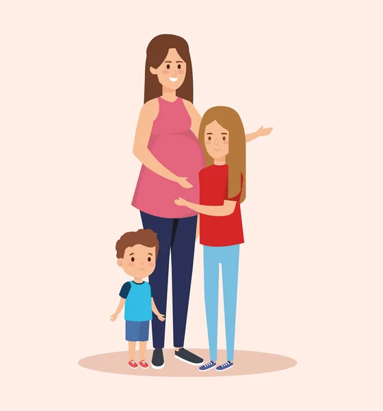Šťastná žena těhotná s dcerou a synem — Stockový vektor