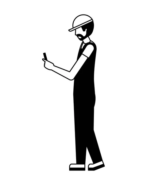 Работник с мобильным телефоном в спортивной кепке и форме — стоковый вектор