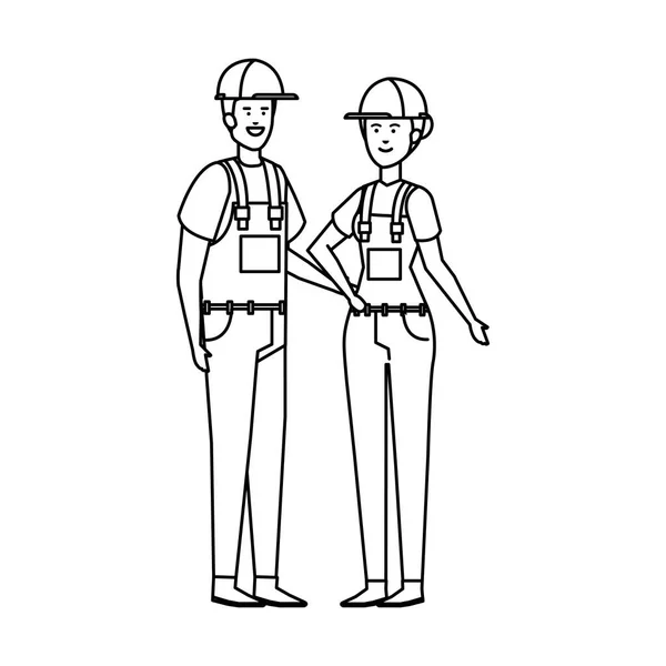 Couple constructeurs travailleurs avec des casques — Image vectorielle