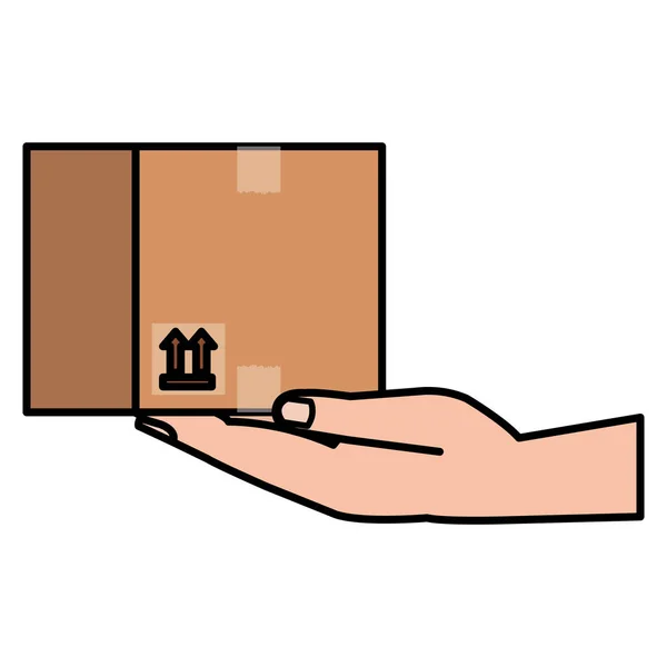 Hand human with box carton delivery service — Stock Vector