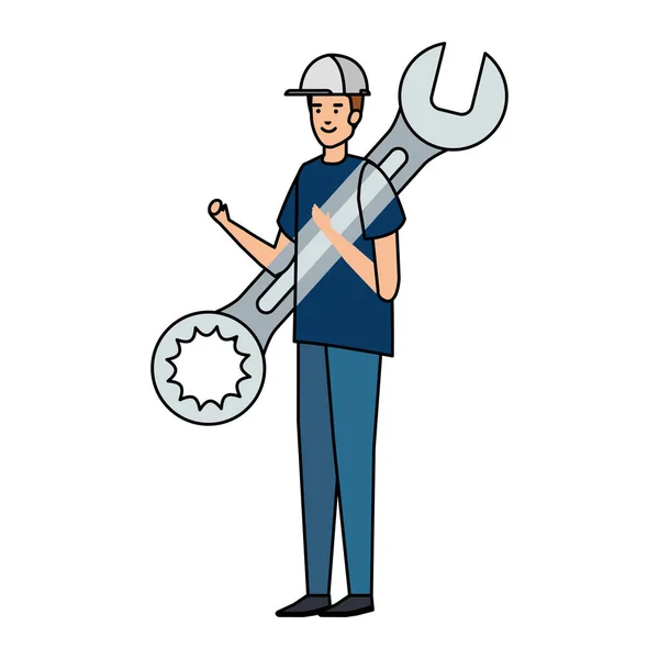 Trabajador constructor con casco y llave inglesa — Vector de stock