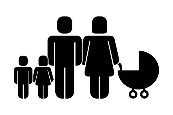 Pais com filho filha e bebê carrinho pictograma — Vetor de Stock