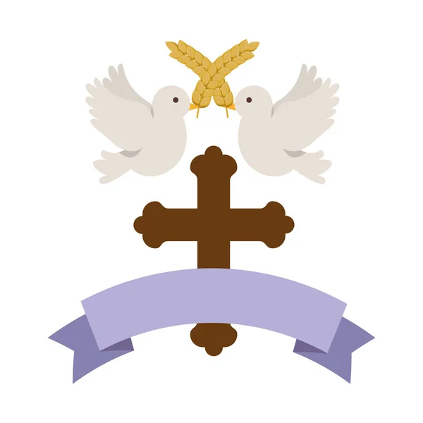 Primera comunión cruz de madera con palomas — Vector de stock