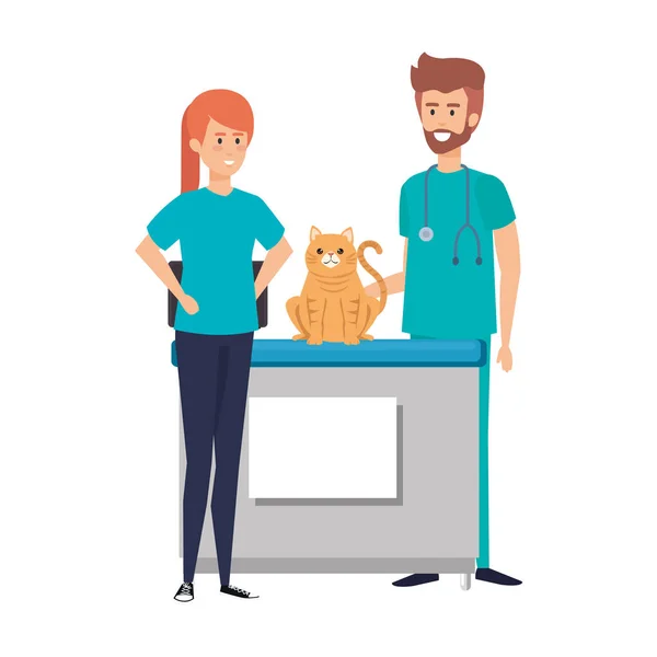 Medico veterinario maschio con gatto e proprietario — Vettoriale Stock
