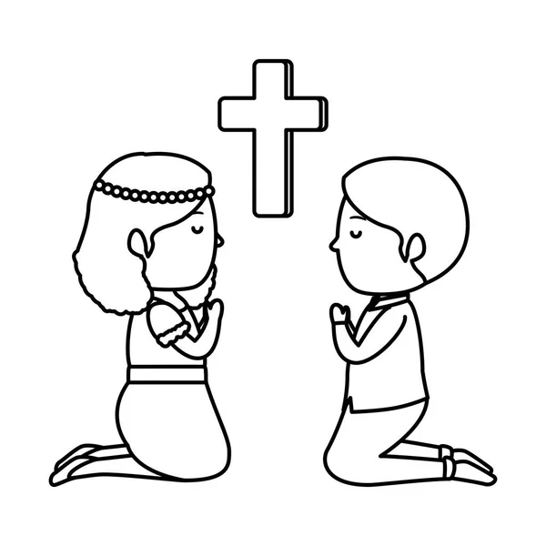 Маленькие дети стоят на коленях с крестом первое причастие — стоковый вектор
