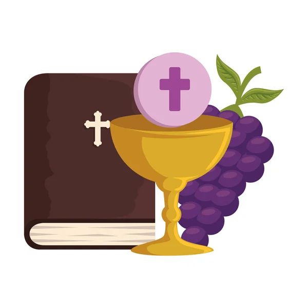 Bíblia sagrada com cálice e uvas — Vetor de Stock