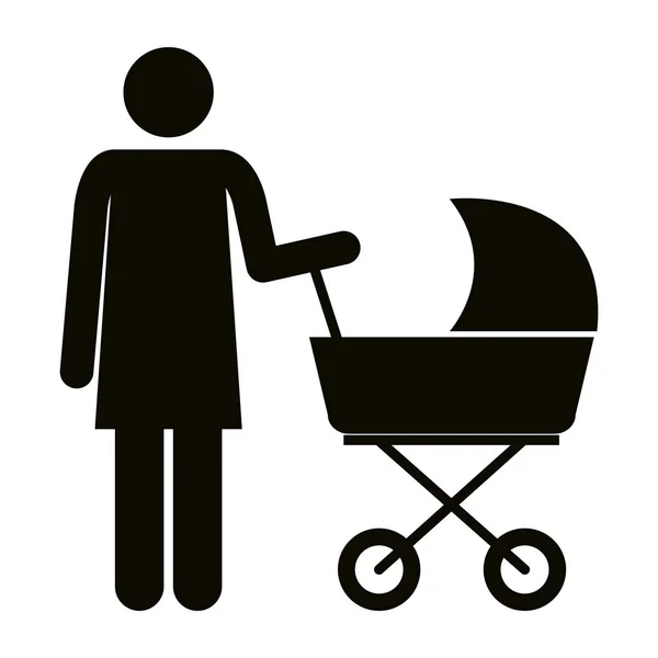 Figure mère avec bébé chariot silhouette avatars — Image vectorielle