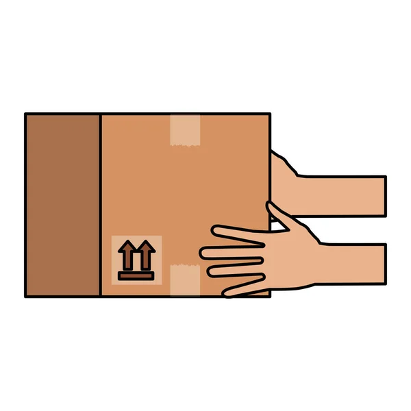 Hand human with box carton delivery service — Stock Vector