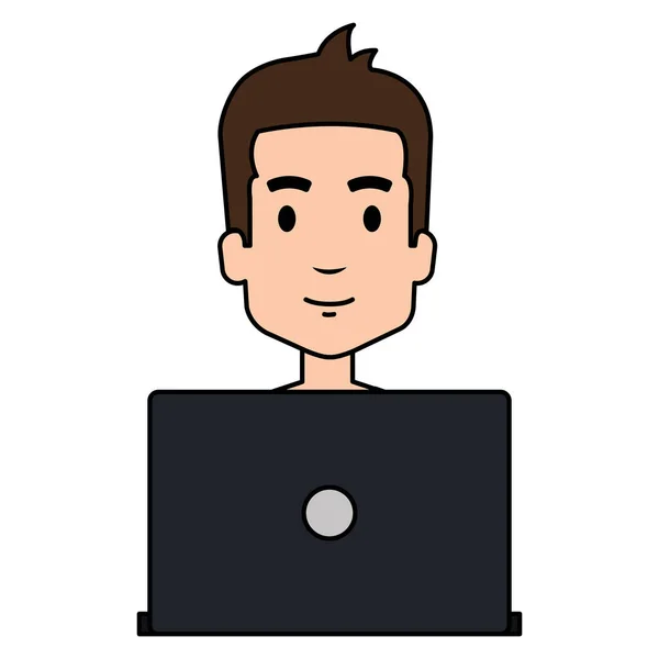 Jeune homme avec personnage avatar ordinateur portable — Image vectorielle