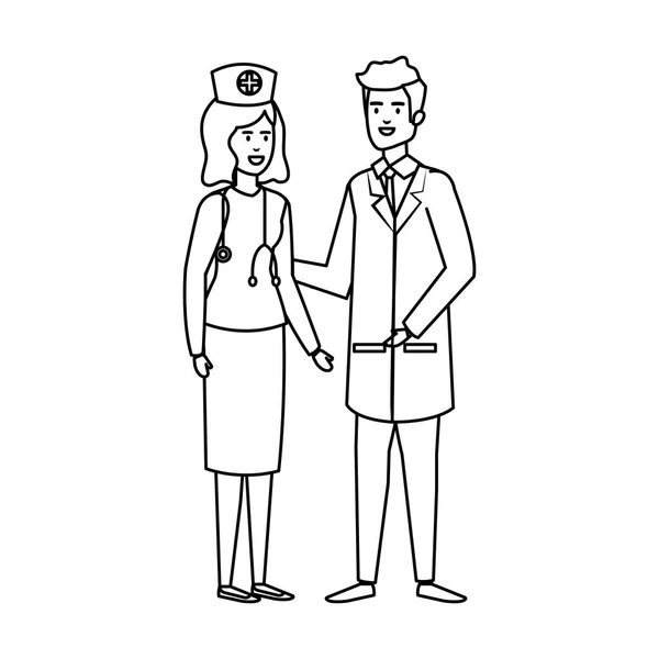 Couple de professionnels médecin et infirmière personnages — Image vectorielle