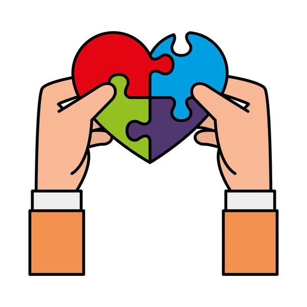 Mains levant coeur avec puzzle solution attachée — Image vectorielle